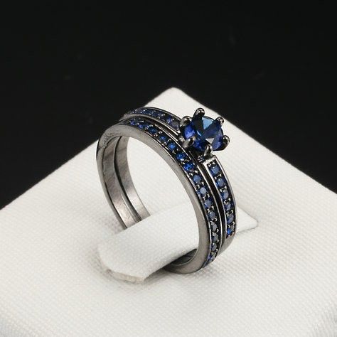 Ensembles De Bague De Fiançailles De Luxe En Or Noir Incrusté De Zircon Cubique Bleu Haut De Gamme