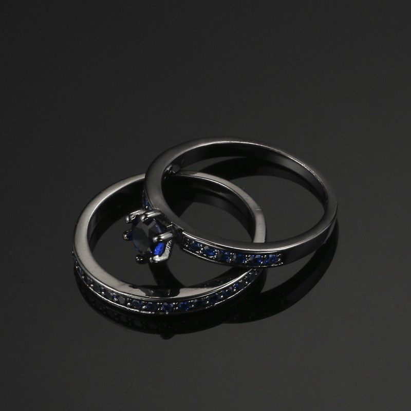 Ensembles De Bague De Fiançailles De Luxe En Or Noir Incrusté De Zircon Cubique Bleu Haut De Gamme