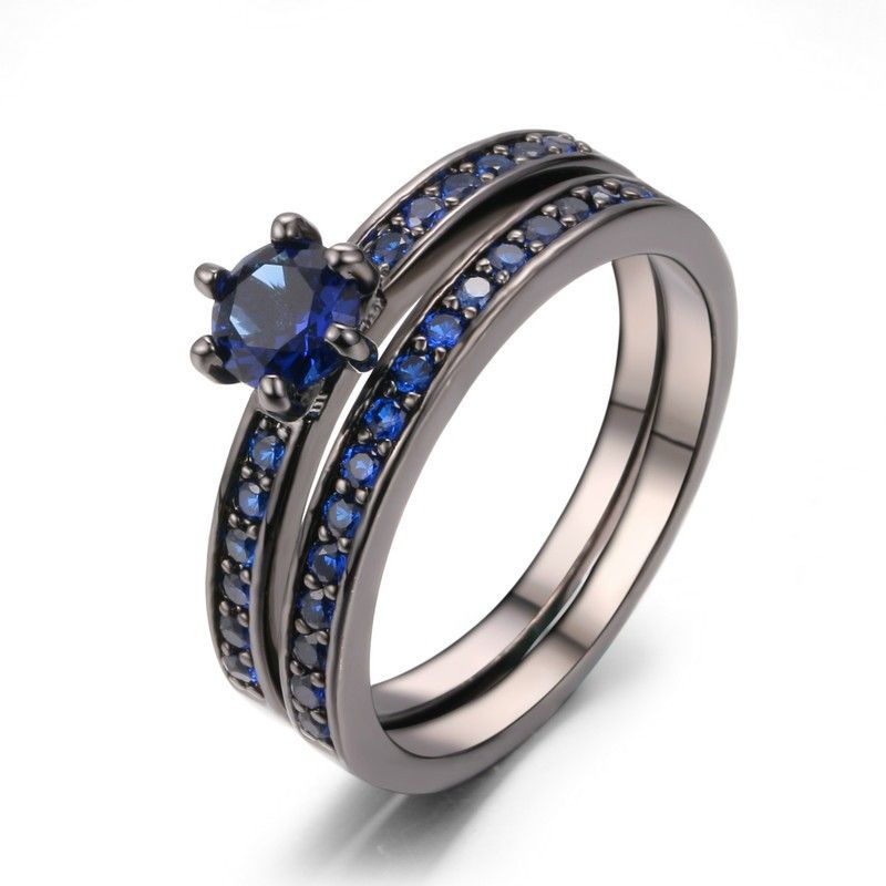 Ensembles De Bague De Fiançailles De Luxe En Or Noir Incrusté De Zircon Cubique Bleu Haut De Gamme