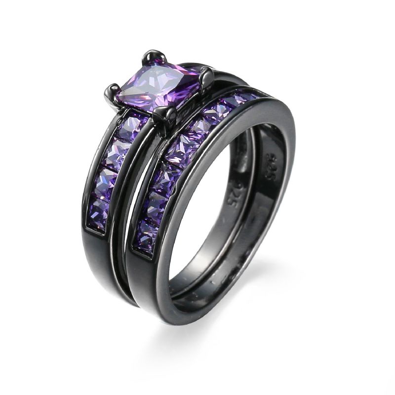 Ensembles De Bagues De Fiançailles En Zircon Cubique Violet Romantique Incrusté D'or Noir Haut De Gamme