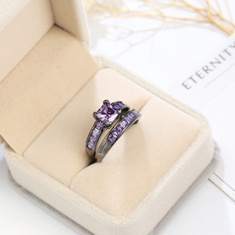 Ensembles De Bagues De Fiançailles En Zircon Cubique Violet Romantique Incrusté D'or Noir Haut De Gamme