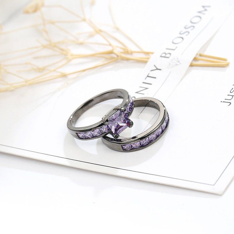 Ensembles De Bagues De Fiançailles En Zircon Cubique Violet Romantique Incrusté D'or Noir Haut De Gamme