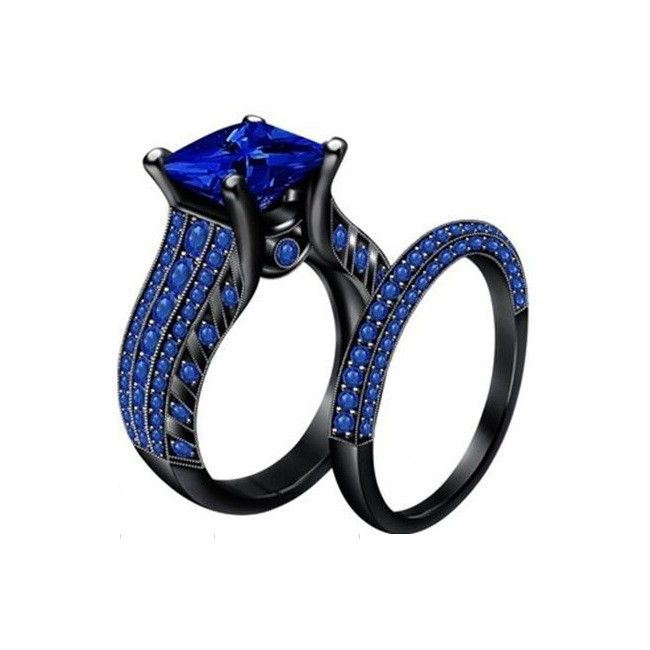 Europe Ensemble De Bague De Fiançailles De Luxe En Or Noir Incrusté De Bleu CZ