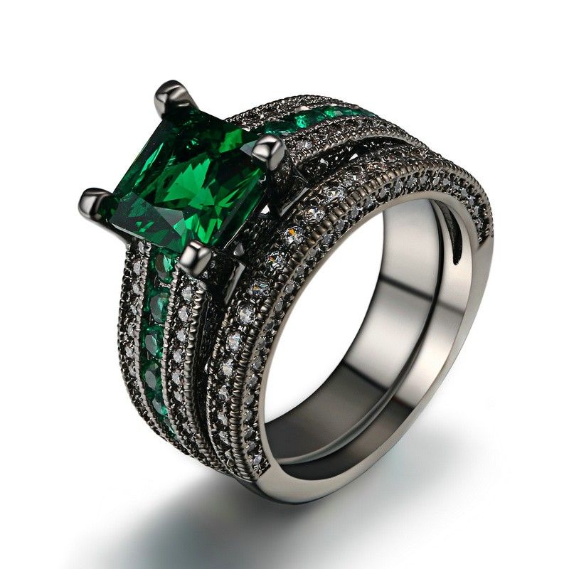 Europe Ensemble De Bague En Zircon Cubique Carré Vert Plaqué Or Noir Plaqué Or Noir