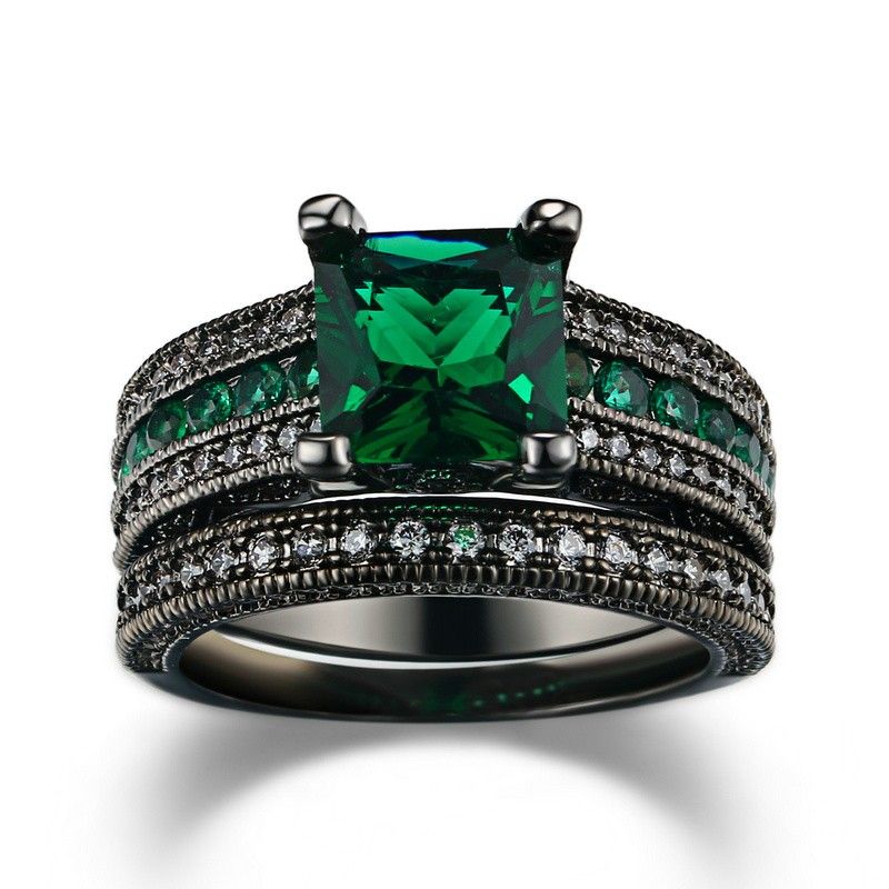 Europe Ensemble De Bague En Zircon Cubique Carré Vert Plaqué Or Noir Plaqué Or Noir