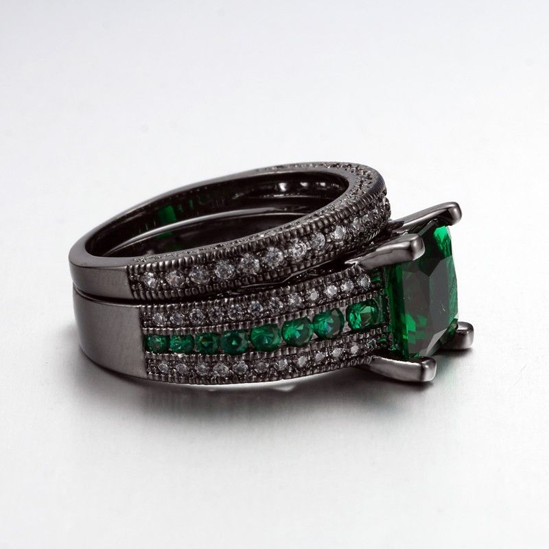 Europe Ensemble De Bague En Zircon Cubique Carré Vert Plaqué Or Noir Plaqué Or Noir