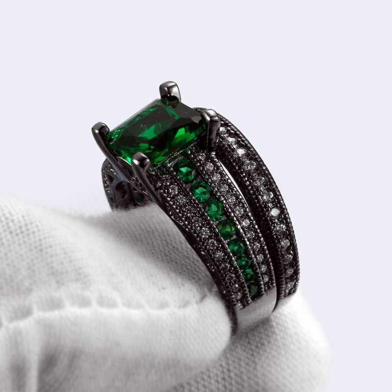 Europe Ensemble De Bague En Zircon Cubique Carré Vert Plaqué Or Noir Plaqué Or Noir