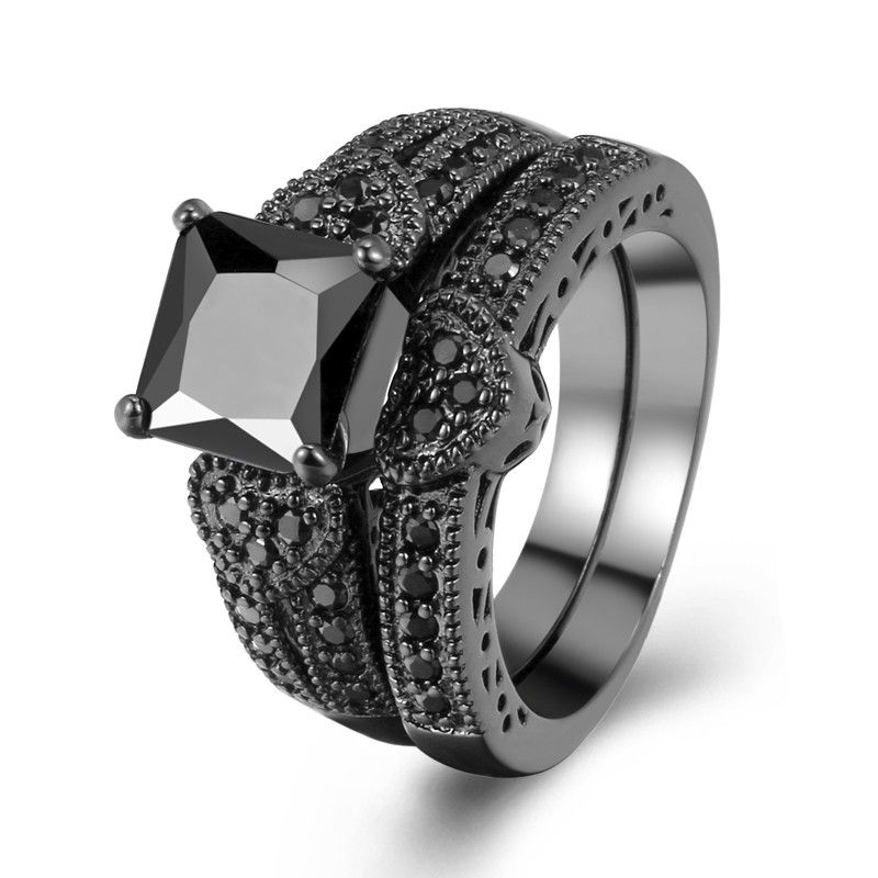 Europe Vente Chaude De Luxe En Or Noir Incrusté De Zircon Cubique Noir Bague De Fiançailles En Forme De Coeur