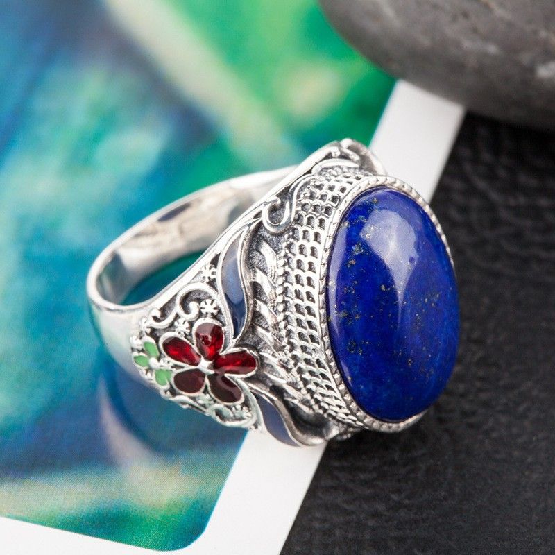 Exagération Atmosphère Bague En Lapis Lazuli Naturel Incrusté En Argent Sterling 925