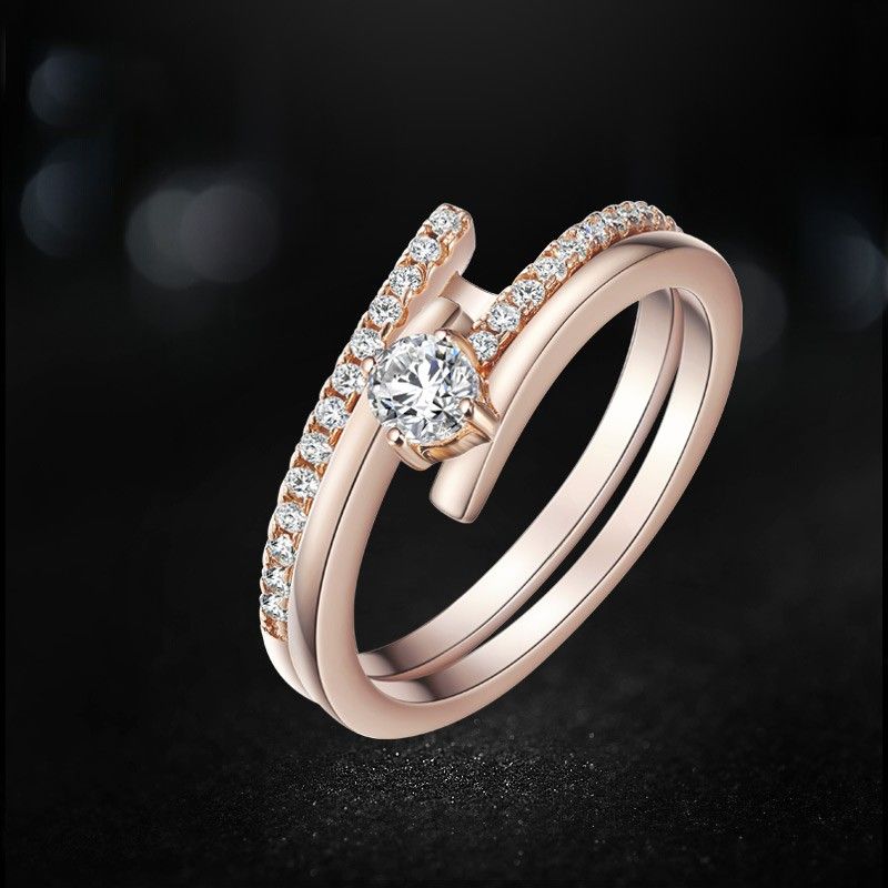 Fashion Aaa Zircon Rose Gold 925 Bague Double En Argent Sterling