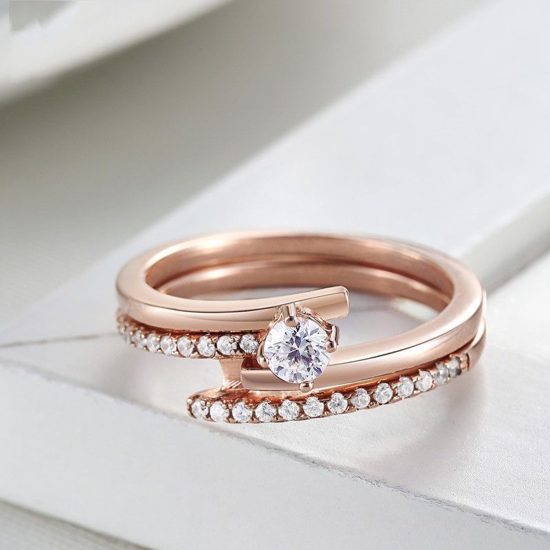 Fashion Aaa Zircon Rose Gold 925 Bague Double En Argent Sterling