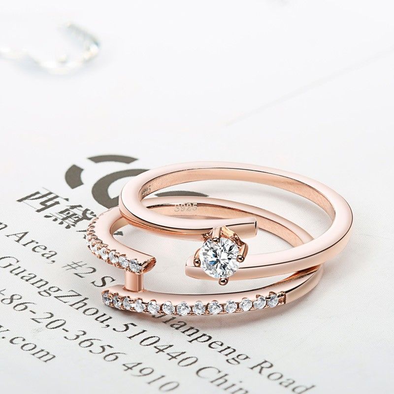 Fashion Aaa Zircon Rose Gold 925 Bague Double En Argent Sterling