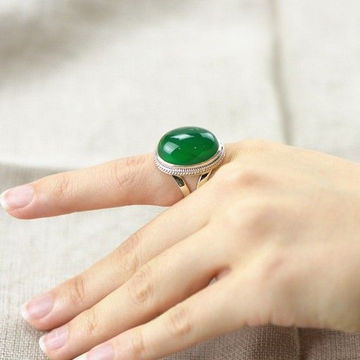 Fashion Design Bague D'ouverture En Calcédoine Verte Incrustée En Argent Sterling 925