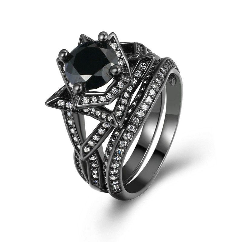 Haut De Gamme De Luxe En Or Noir Incrusté De Zircon Cubique Rond En Forme De Fleur Double Bague