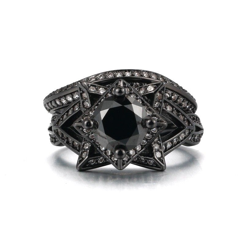 Haut De Gamme De Luxe En Or Noir Incrusté De Zircon Cubique Rond En Forme De Fleur Double Bague