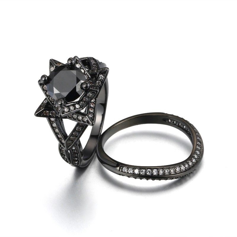 Haut De Gamme De Luxe En Or Noir Incrusté De Zircon Cubique Rond En Forme De Fleur Double Bague