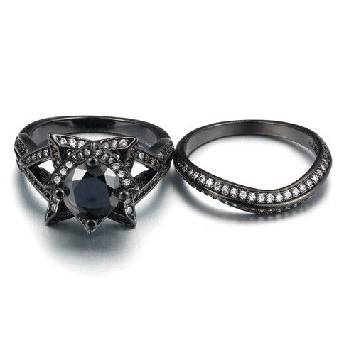 Haut De Gamme De Luxe En Or Noir Incrusté De Zircon Cubique Rond En Forme De Fleur Double Bague