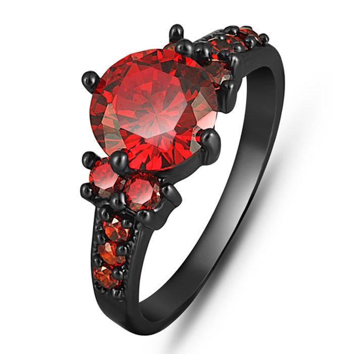 Incroyable Bague De Fiançailles / Mariage Plaqué Or Noir Rubis Coupe Ronde Pour Femme