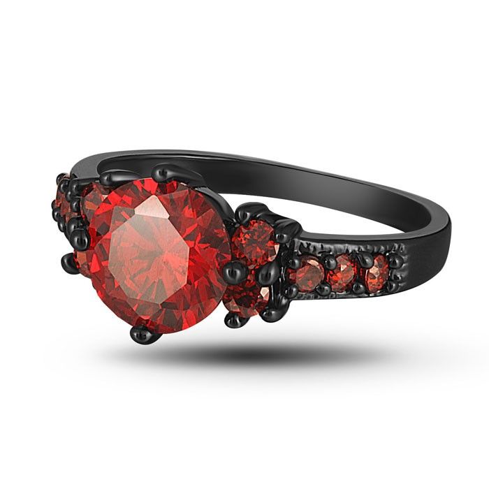 Incroyable Bague De Fiançailles / Mariage Plaqué Or Noir Rubis Coupe Ronde Pour Femme