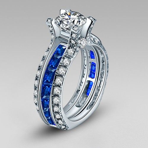 La Cathedrale Style Round Cut White And Blue Cubic Cubic Zirconia Women's Wedding Ring Set