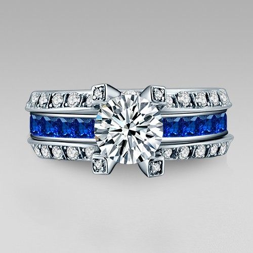 La Cathedrale Style Round Cut White And Blue Cubic Cubic Zirconia Women's Wedding Ring Set