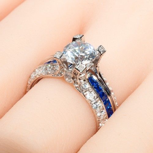 La Cathedrale Style Round Cut White And Blue Cubic Cubic Zirconia Women's Wedding Ring Set