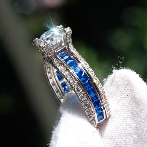 La Cathedrale Style Round Cut White And Blue Cubic Cubic Zirconia Women's Wedding Ring Set