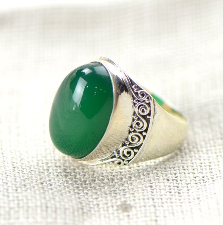 Large Bague Exagérée En Argent Sterling 925 Incrusté De Calcédoine Verte Naturelle