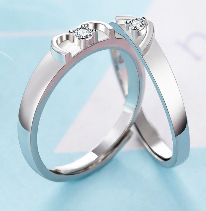 Love At The Fingertips Heart-shape S925 Amoureux En Argent Sterling Anneaux De Couple Réglables