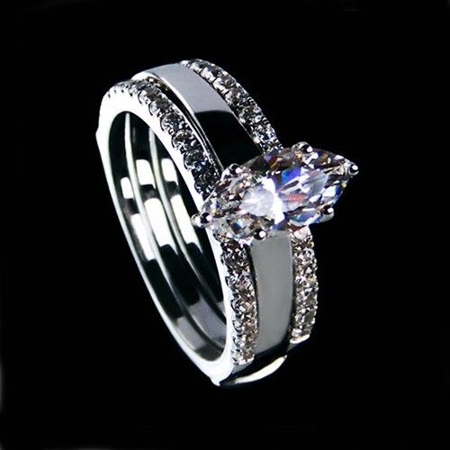 Marquise Cut Cubic Zirconia 925 Sterling Silver Platinum Plated Women's Stack Engagement / Wedding Ring