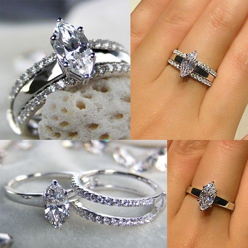 Marquise Cut Cubic Zirconia 925 Sterling Silver Platinum Plated Women's Stack Engagement / Wedding Ring