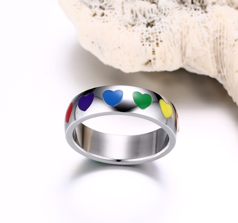 Mode Arc-en-ciel Amour Coeur Anneau Pour Les Femmes En Acier Inoxydable Couple Bijoux De Mariage Mignon Anneau En Forme De Coeur