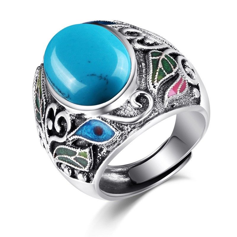 Motif Rétro Atmosphère Exagérée Bague En Argent Sterling 925 Incrusté De Pierres Précieuses