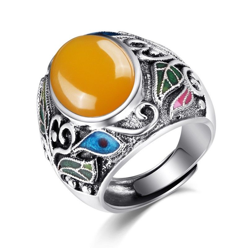 Motif Rétro Atmosphère Exagérée Bague En Argent Sterling 925 Incrusté De Pierres Précieuses