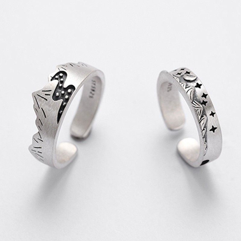 Mountain & River / Moon & Star S925 Anneaux D'amoureux D'ouverture En Argent Sterling