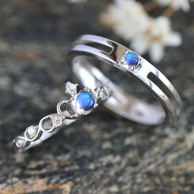 Naturel Moonstone S925 Argent Sterling Amoureux Anneaux Couple Réglables