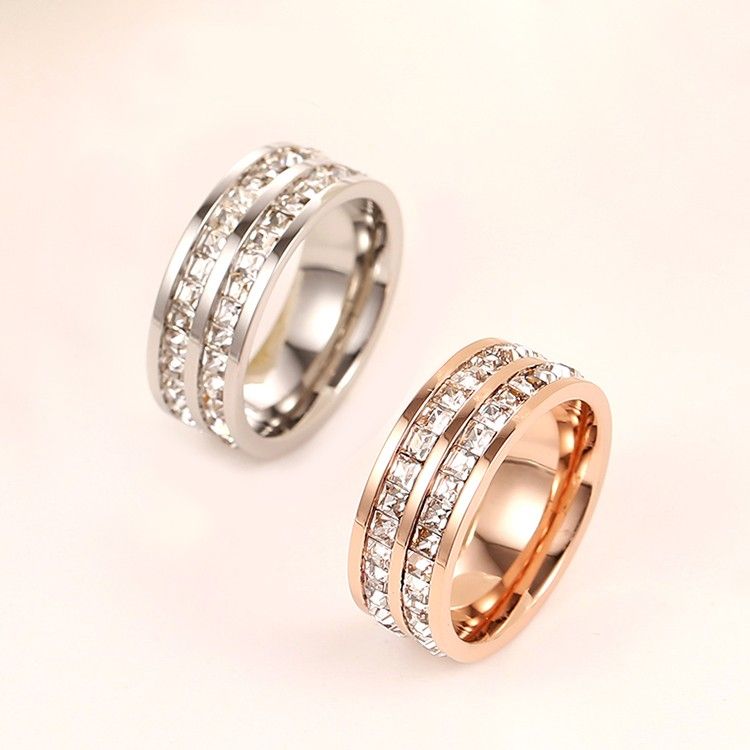 New Fashion Plaqué Or Rose 18 Carats Double-plein D'anneaux De Couple En Zircone Cubique