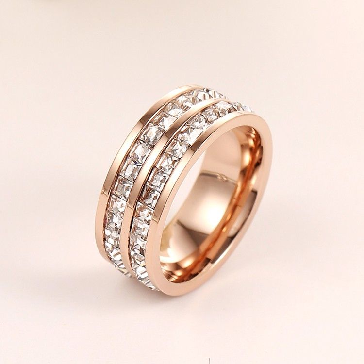 New Fashion Plaqué Or Rose 18 Carats Double-plein D'anneaux De Couple En Zircone Cubique