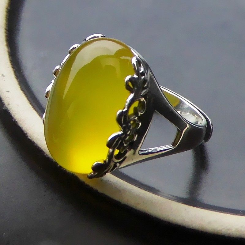 Nouveau Motif Rétro En Argent Sterling 925 Incrusté D'une Bague D'ouverture En Onyx Jaune Naturel