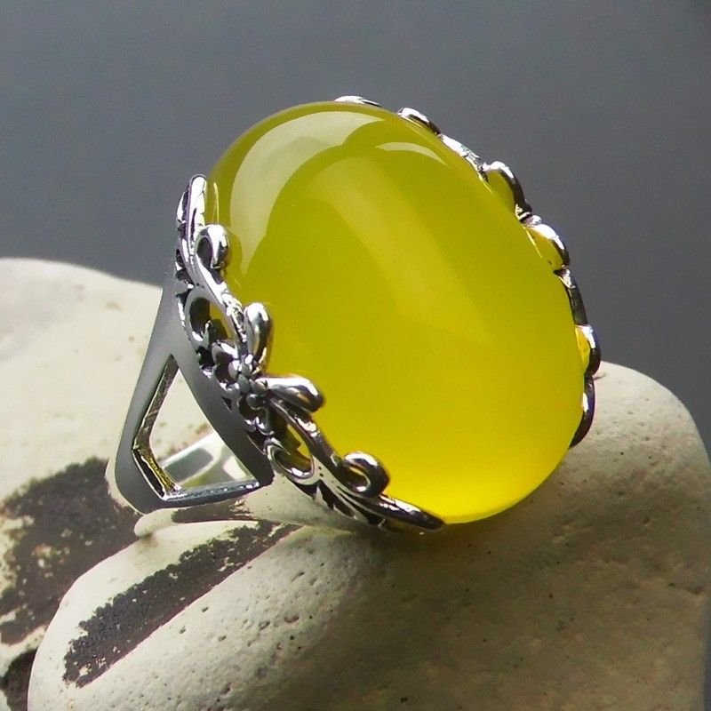 Nouveau Motif Rétro En Argent Sterling 925 Incrusté D'une Bague D'ouverture En Onyx Jaune Naturel