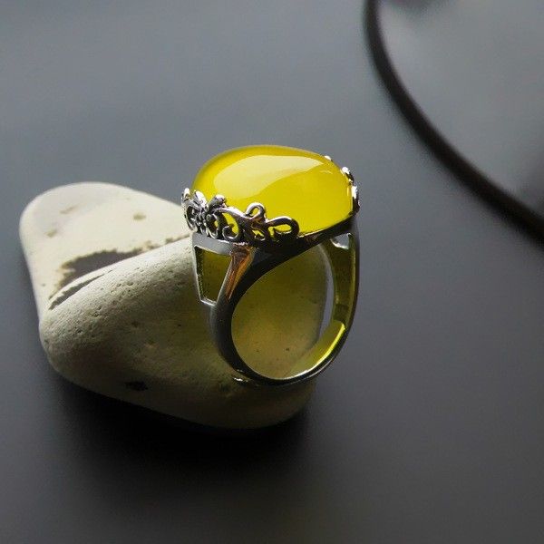 Nouveau Motif Rétro En Argent Sterling 925 Incrusté D'une Bague D'ouverture En Onyx Jaune Naturel