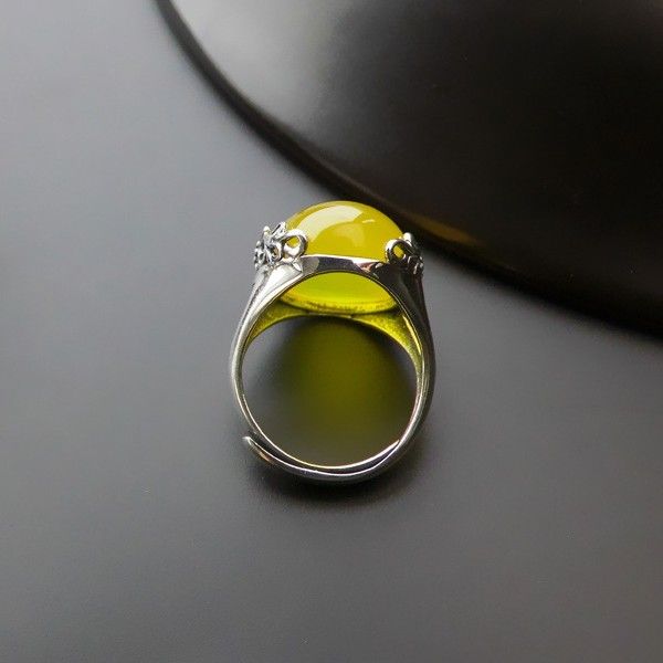 Nouveau Motif Rétro En Argent Sterling 925 Incrusté D'une Bague D'ouverture En Onyx Jaune Naturel