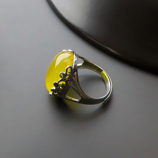 Nouveau Motif Rétro En Argent Sterling 925 Incrusté D'une Bague D'ouverture En Onyx Jaune Naturel