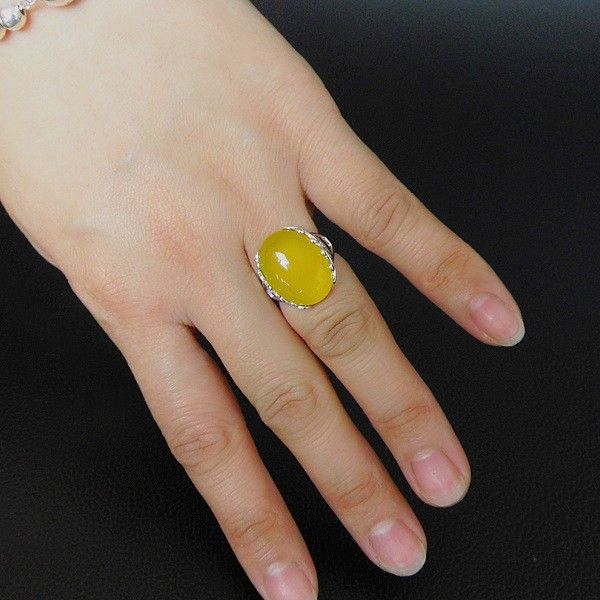 Nouveau Motif Rétro En Argent Sterling 925 Incrusté D'une Bague D'ouverture En Onyx Jaune Naturel