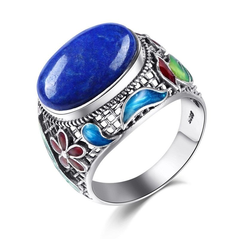 Nouveau Motif Rétro En Argent Sterling Incrusté De Lapis Lazuli Naturel Bague