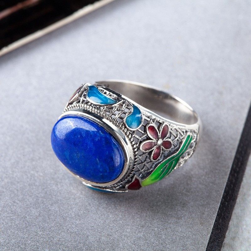 Nouveau Motif Rétro En Argent Sterling Incrusté De Lapis Lazuli Naturel Bague