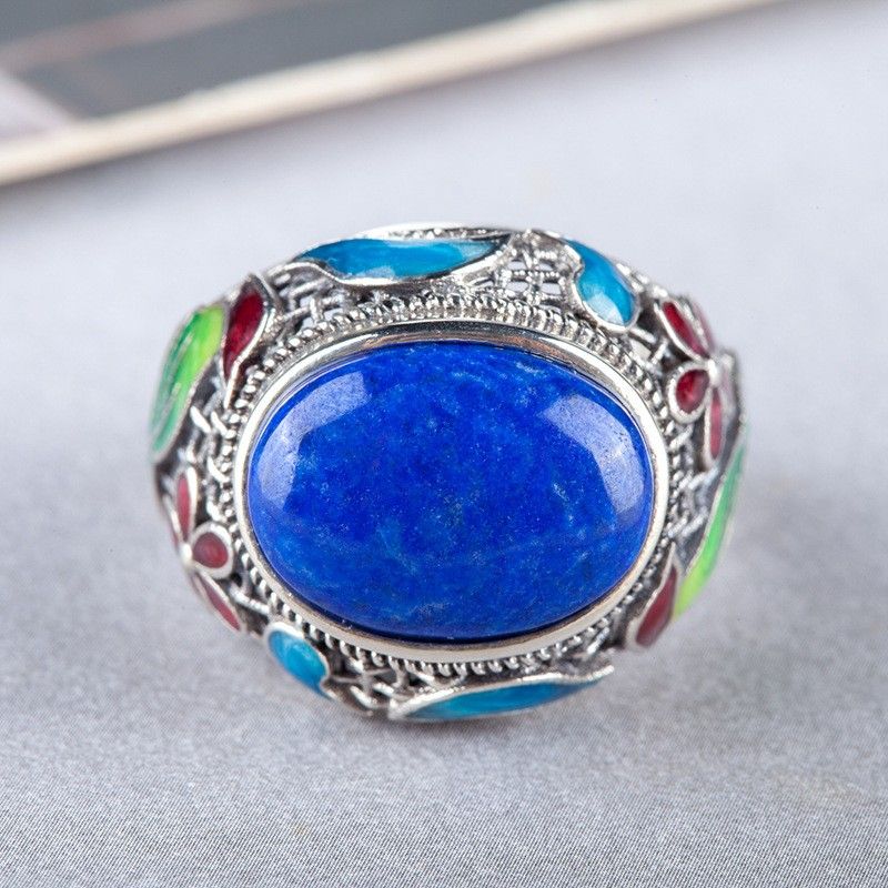 Nouveau Motif Rétro En Argent Sterling Incrusté De Lapis Lazuli Naturel Bague