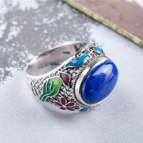 Nouveau Motif Rétro En Argent Sterling Incrusté De Lapis Lazuli Naturel Bague