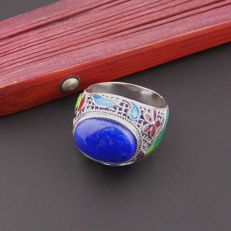 Nouveau Motif Rétro En Argent Sterling Incrusté De Lapis Lazuli Naturel Bague