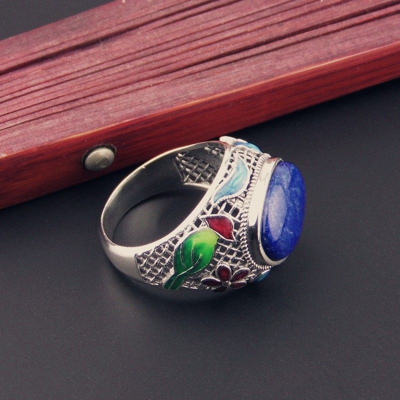 Nouveau Motif Rétro En Argent Sterling Incrusté De Lapis Lazuli Naturel Bague